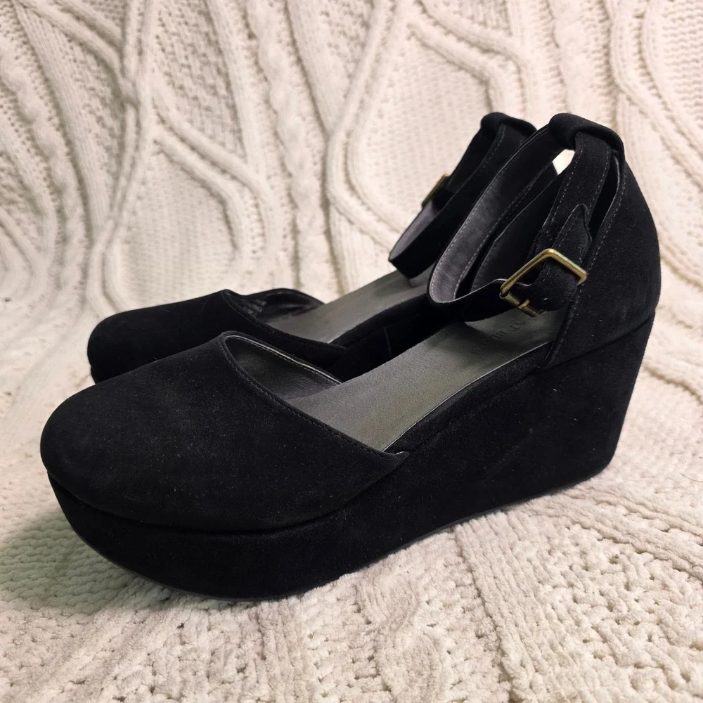 Chocolat Blu Wanetta Wedge Sandals Black Suede D'Orsay Heels Women 7.5 Excellent